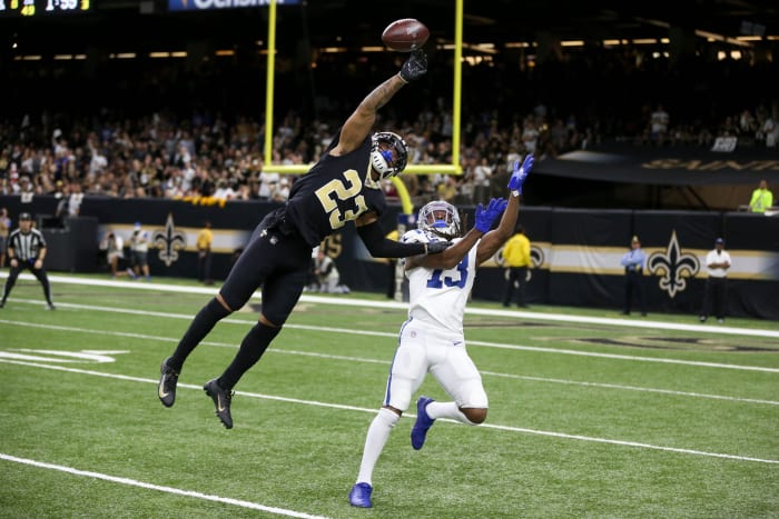 New Orleans Saints cornerback Marshon Lattimore (23) defends a pass intended for Colts receiver T.Y. Hilton (13). Mandatory Credit: Chuck Cook-USA TODAY Sports